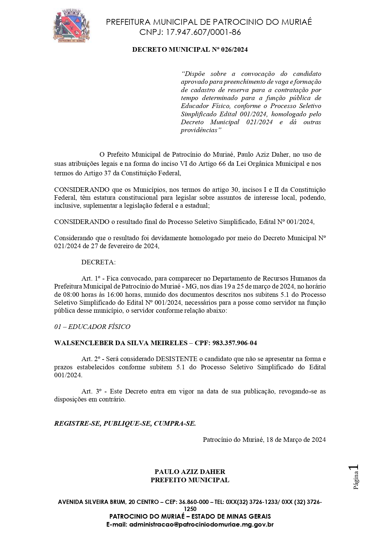 Decreto Convocacao Professor de Educacao Fisica page 0001